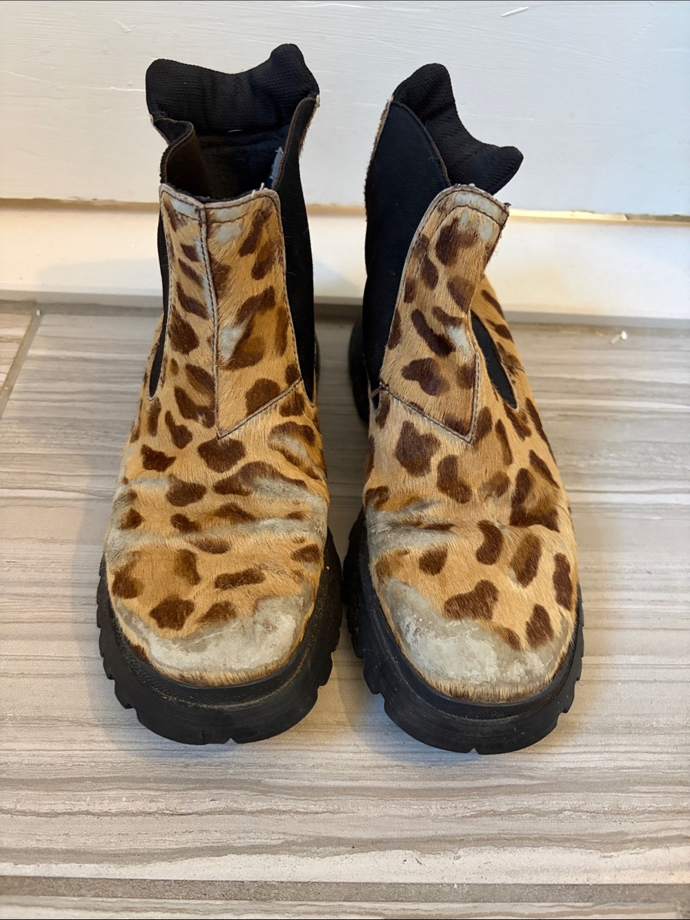 Vintage Prada Black Lug Sole Chelsea Boots with Leopard Pony Hair